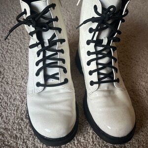 Glittery White Lace-Up Combat Boots with Side Zip